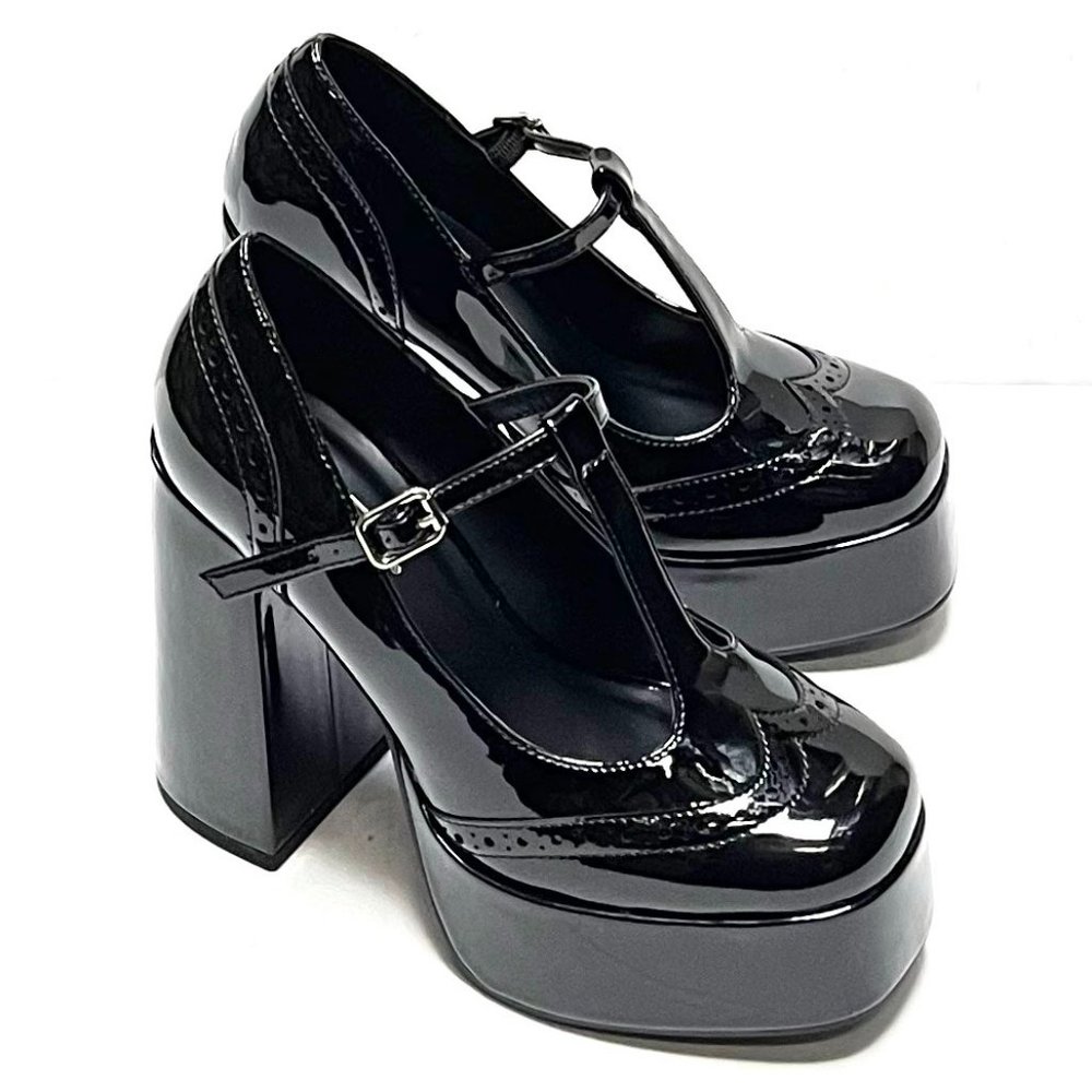 New Womens Black Patent Mary Jane Retro T-Strap Platform School Girl Pumps - Picture 4 of 5